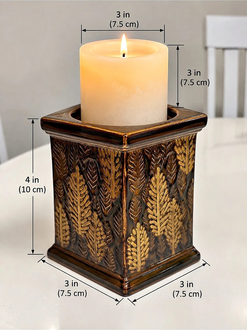 Vintage Living Quarters Brown Ceramic Pillar Candle Holder Gold Leaf Decor